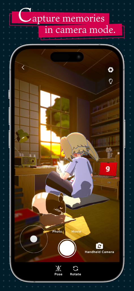 Avatar de anime estudando em um quarto aconchegante usando o modo câmera no aplicativo gogh