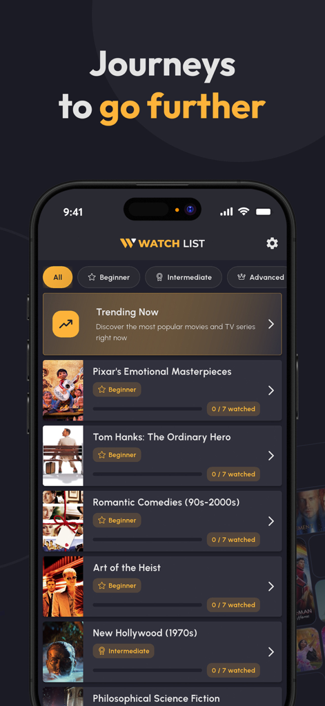 Watch List: TV Series & Movies - Pantalla de iPhone que muestra viajes cinematográficos curados y colecciones temáticas en la interfaz de la aplicación Lista de Ver.