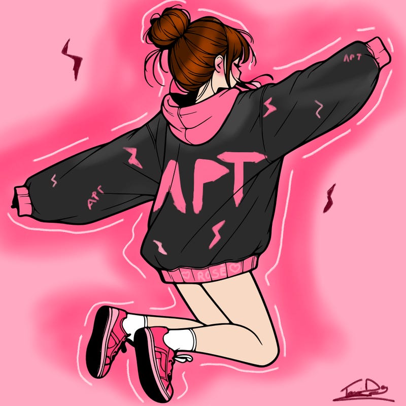 realistic girl jumping with a bun and oversized sweatshirt