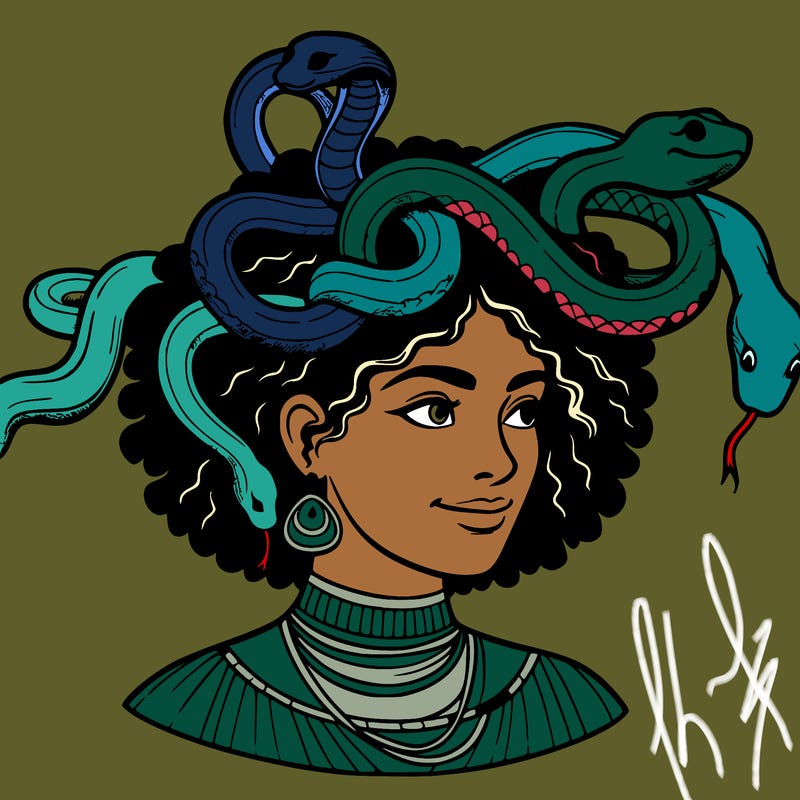 realistic woman snakes on head