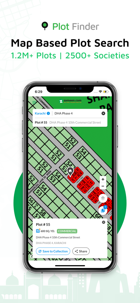 Zameen: No. 1 Property Portal - Zameen app Plot Finder screen showing map based plot search for real estate in Pakistan