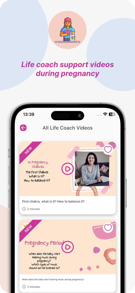 MediBaby—Pregnancy Tracker App - MediBaby app interface showing life coach support videos for holistic pregnancy wellness and emotional health