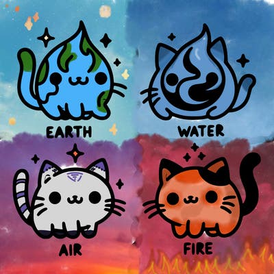 4 cats that represent the different elements, earth, water, air, and fire