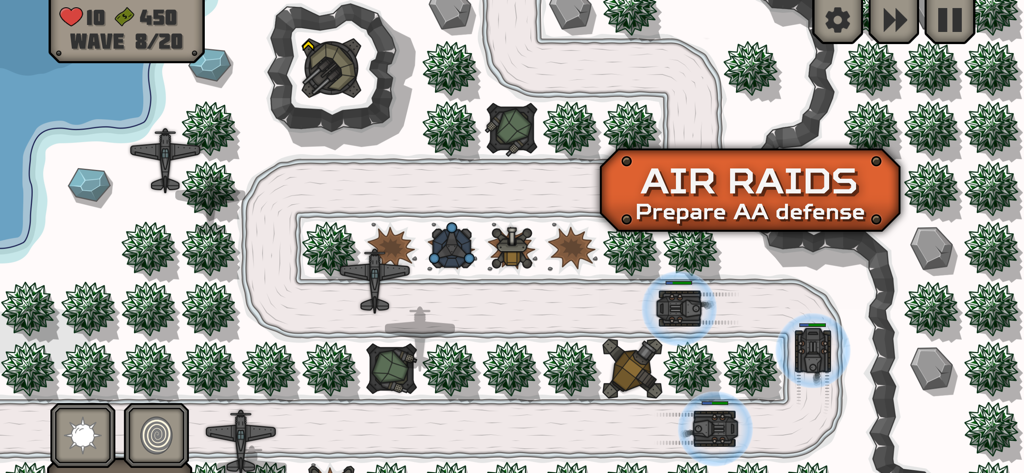 Tactical War 2: Tower Defense - Tactical War 2 gameplay showing air raids and anti air tower defense strategy in a snowy environment