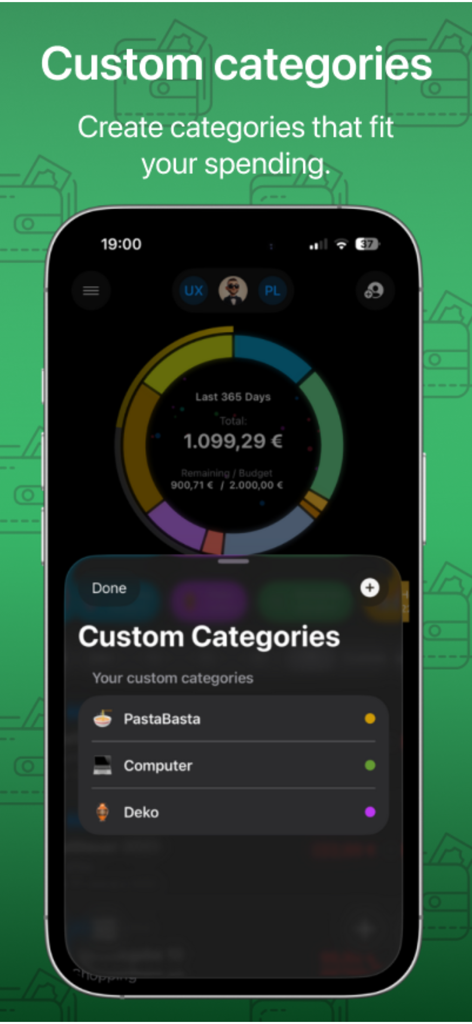 Costify: Expense Tracker - Smartphone screen showing the Costify app interface for creating custom spending categories and a colorful spending donut chart in dark mode.