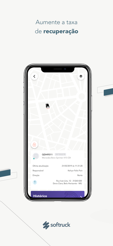 Softruck App zeigt Echtzeit-Fahrzeugstandort und Wiederherstellungsinformationen auf einer Karte