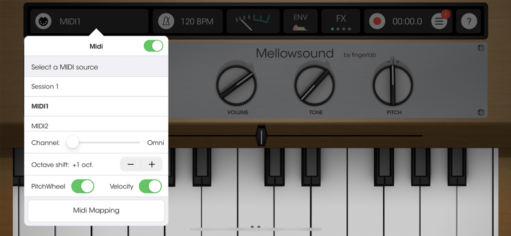 Mellowsound - Configurações MIDI e menu de configuração no aplicativo Mellowsound