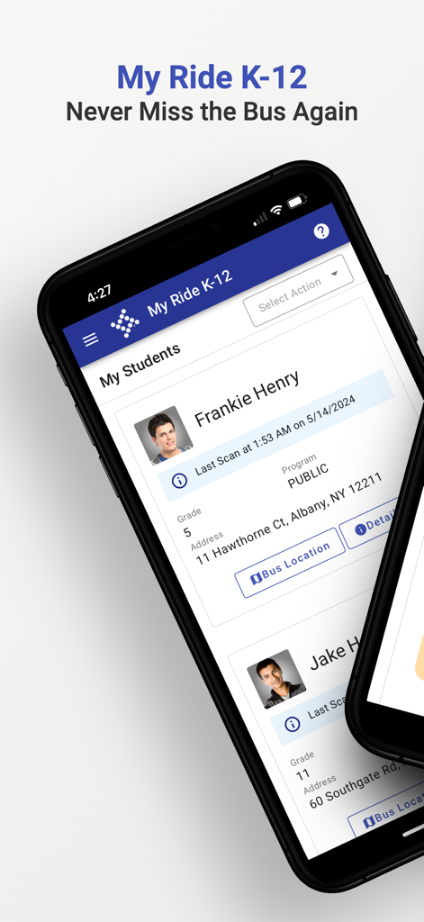 My Ride K-12 - Smartphone showing student profiles and bus tracking options in the My Ride K-12 app interface