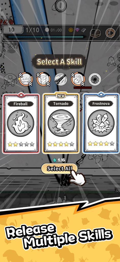 Doodle Magic: Wizard vs Slime - Skill selection screen in Doodle Magic Wizard vs Slime showing Fireball Tornado and Frostnova cards