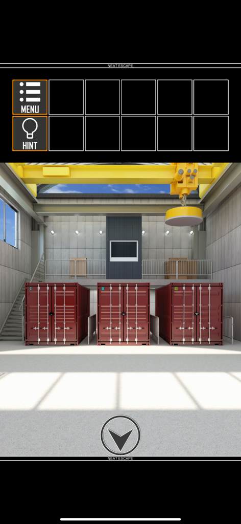 Escape Game:Warehouse - Three red shipping containers and a yellow overhead crane inside an industrial warehouse room