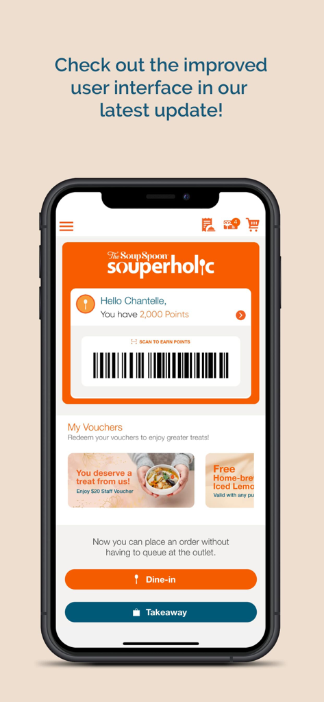Souperholic App-Oberfläche, die den Treuepunkte-Saldo des Benutzers, einen Barcode zum Scannen und Optionen für In-Store- oder Take-Away-Bestellungen anzeigt