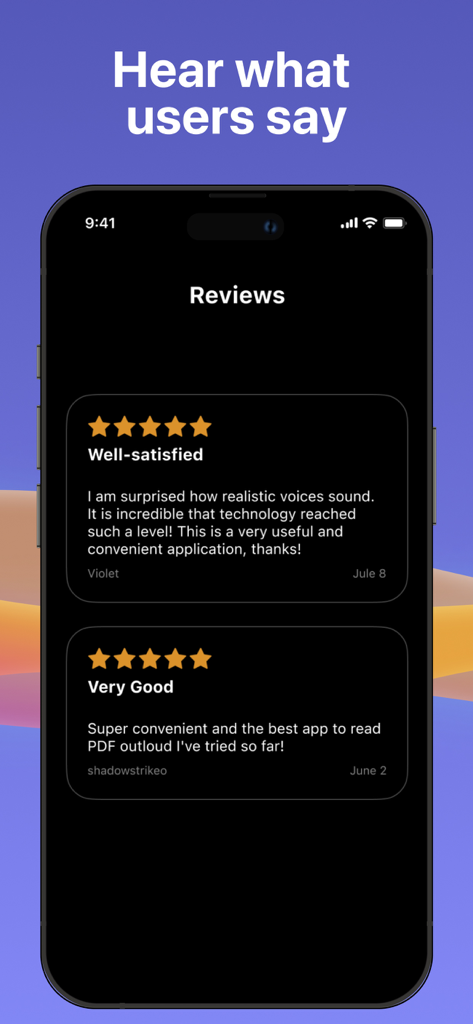 Synthy: Read aloud Text, Docs - Screenshot of the Synthy app displaying positive five star user reviews praising the realistic AI voices and PDF reading feature.