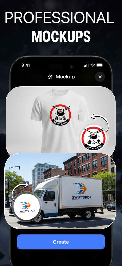 AI Logo Maker Brand Generator - Interface do aplicativo AI logo maker mostrando mockups de logotipo profissionais em uma camiseta branca e um caminhão de entrega