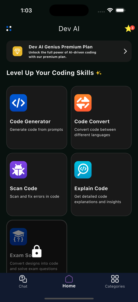 Dev AI – Learn Coding - 코드 생성, 변환, 스캔 및 설명을 위한 기능을 표시하는 Dev AI 앱 홈 화면