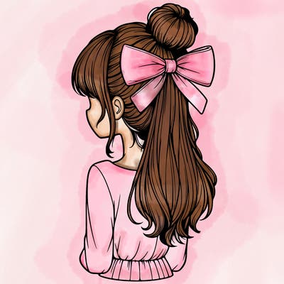 realistic girl  with hip length hair a bun and a big bow on the back of head