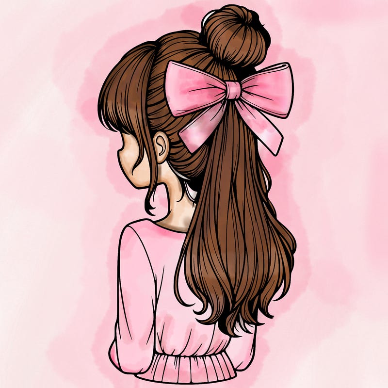 realistic girl  with hip length hair a bun and a big bow on the back of head