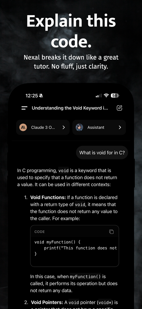 Nexal AI - AI Chat & Image - Nexal AI app interface explaining C programming code using the Claude 3 model