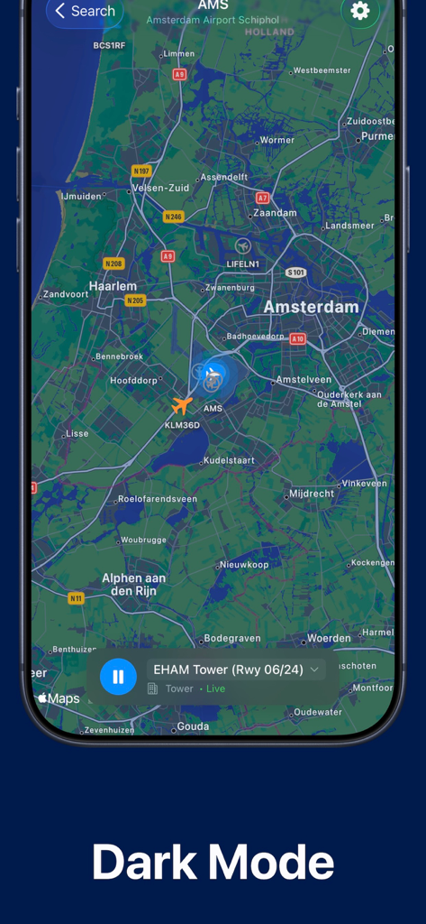 Aviary - Live ATC - Interfaz de la aplicación Aviary en modo oscuro mostrando el rastreo de aeronaves en vivo y audio de control de tráfico aéreo sobre Ámsterdam