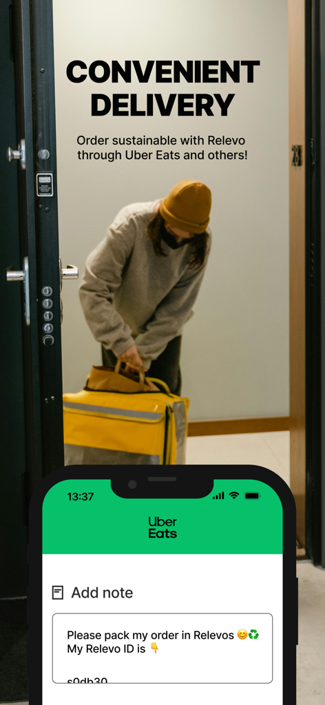 Relevo - A person receiving a food delivery with a phone screen showing Uber Eats instructions for reusable Relevo packaging