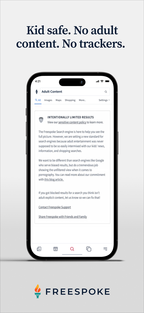 Freespoke - Search & Discovery - Freespoke mobile app interface showing search results filtered for adult content to ensure child safety