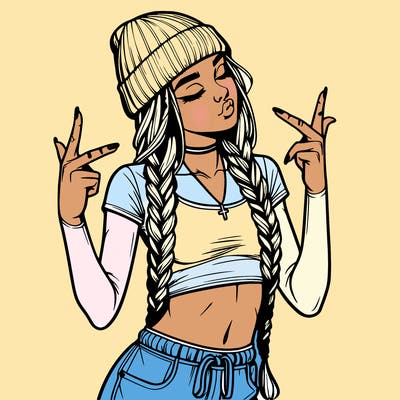 realistic teenage girl with braids and a beanie and crop top doing 🫶🏼