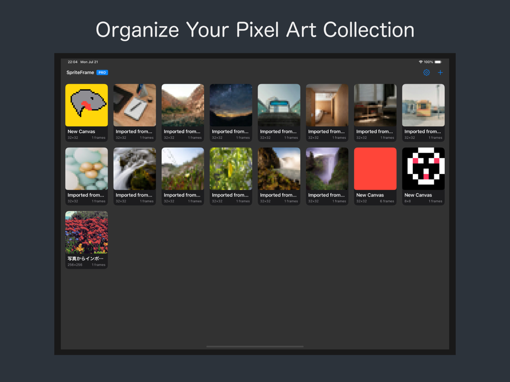 La vista de galería de proyectos en SpriteFrame mostrando una colección de sprites de arte de píxeles e imágenes importadas en un iPad