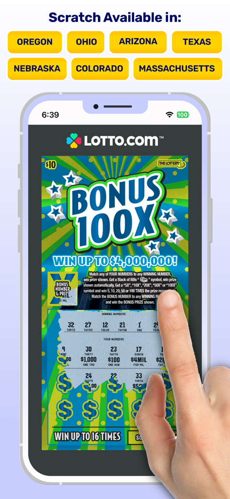 Lotto.com Lottery App - A smartphone screen showing a hand playing a digital scratch card game on the Lotto.com app