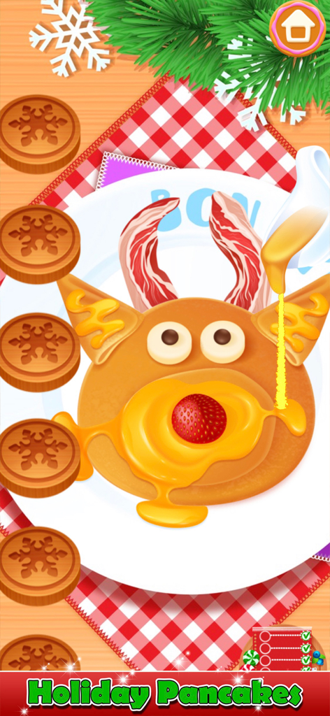 Decorating a reindeer shaped pancake with syrup and bacon antlers in a Christmas cooking game