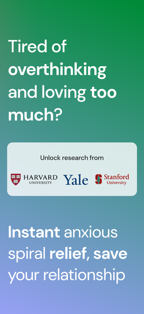 Attached: Relationship Anxiety - Promotional screen for Attached app highlighting research from Harvard, Yale, and Stanford for relationship anxiety relief.