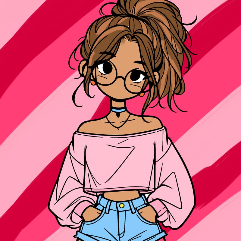 girl with a messy ponytail glasses a baggy crop top and jean shorts