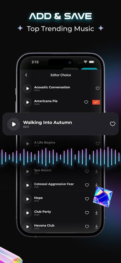 Add Music to Video - Muvi - Interface de l'application Muvi montrant une liste des meilleures pistes musicales tendance pour le montage vidéo