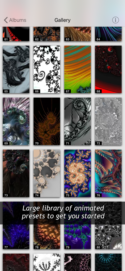 Fraⅹ - Fraxアプリのギャラリーにある、様々なカラフルなフラクタルパターンのグリッド