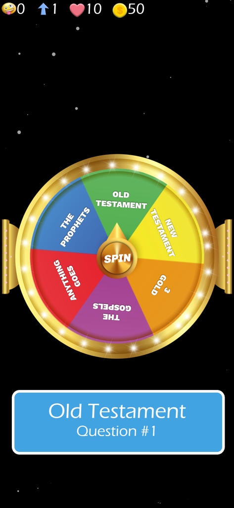 A colorful spin wheel in the Bible Basics Trivia Quiz Game featuring categories like Old Testament and New Testament.