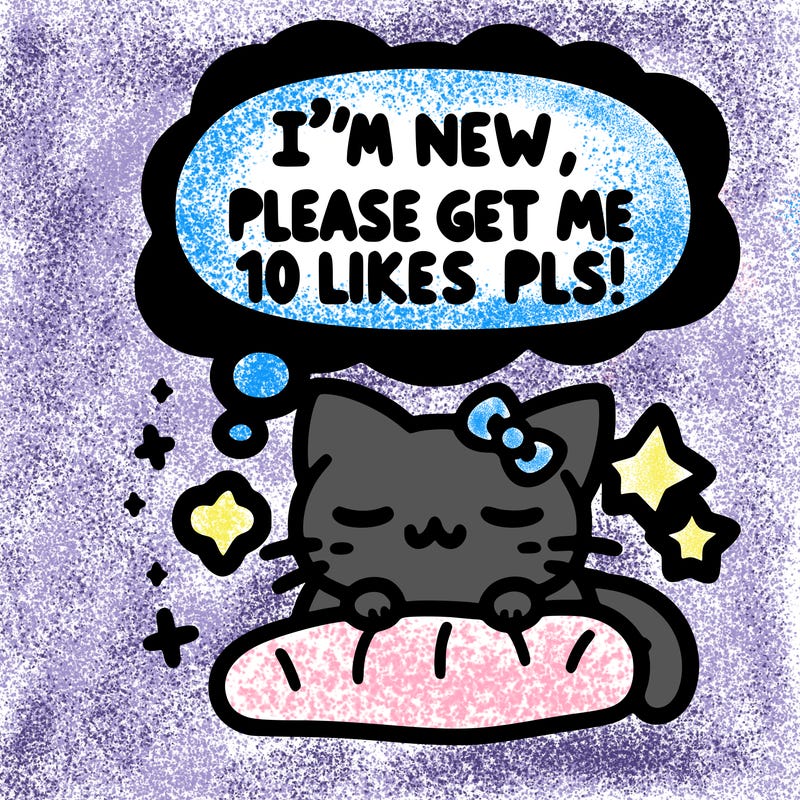 kitty taking a nap dream talking and saying "i'm new, please get me at least 10 likes pls!!"