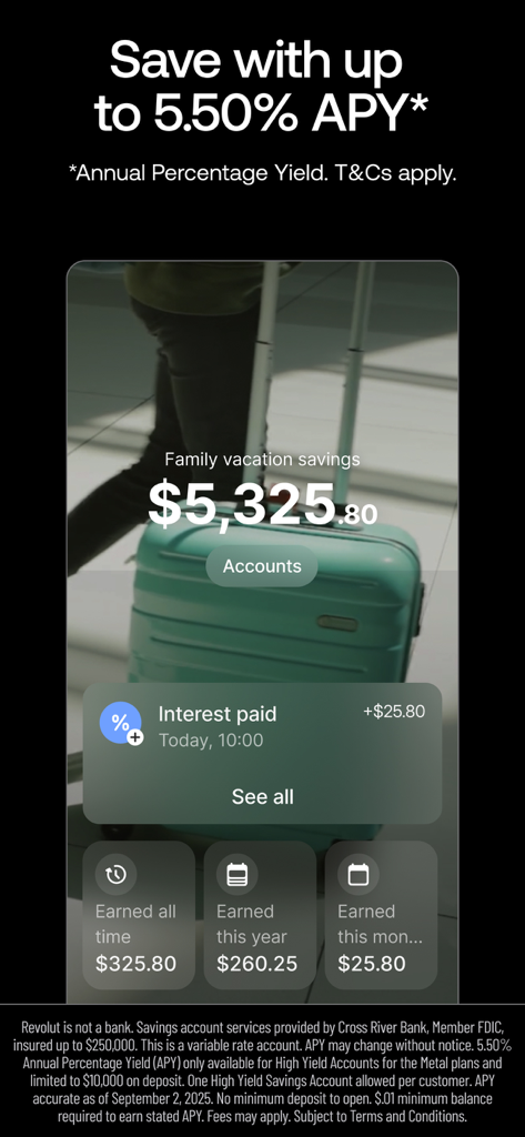 Revolut app interface showing a high yield savings account with 5.50 percent APY for family vacation savings