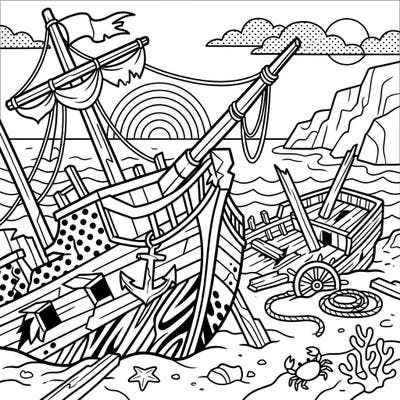Explore a captivating scene of shipwreck ruins reimagined in a dynamic Pop Art style. This intricate coloring page offers a thrilling blend of maritime history and modern artistic flair, perfect for creative minds.