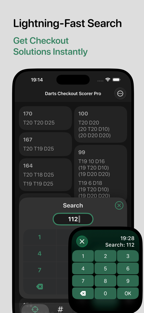Suche nach Dart-Checkout-Kombinationen auf iPhone- und Apple Watch-Oberflächen.