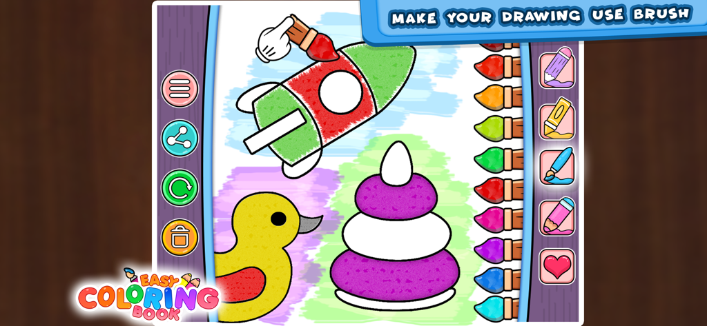 Coloring Games: Learn & Paint - Child coloring interface in the Coloring Games app showing a rocket, duck, and stacking toy being painted with a brush tool.