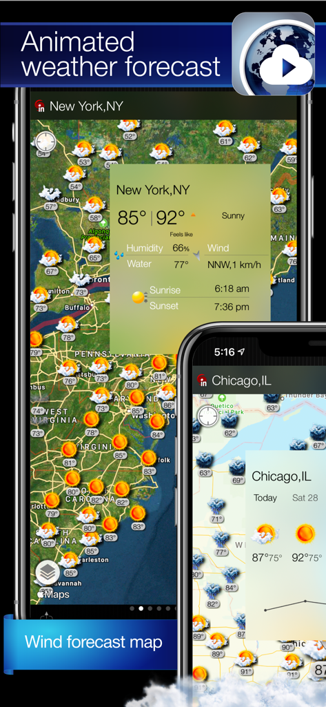 World Weather Map Live - Interfaz de la aplicación Mapa Meteorológico Mundial en Vivo mostrando pronósticos animados de tiempo y viento en pantallas de móvil