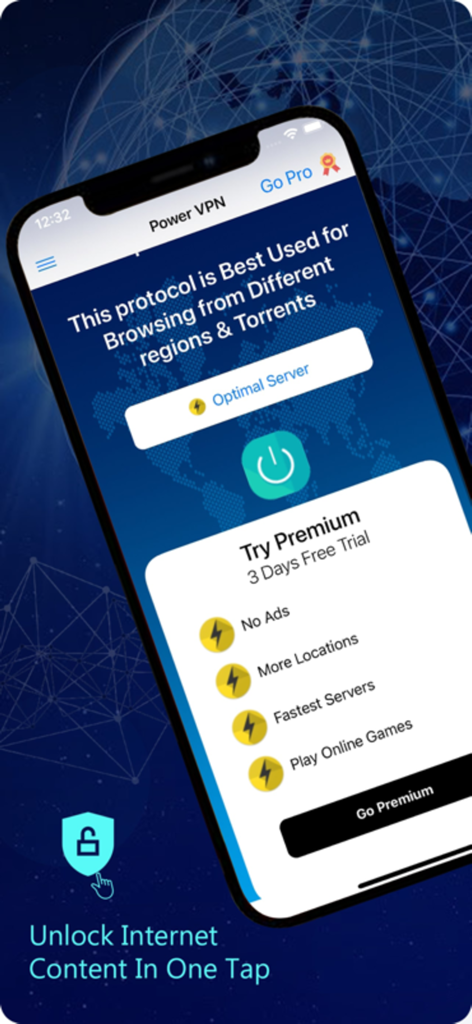 Power VPN : Secure VPN Proxy - Interfaz de la aplicación Power VPN en un iPhone mostrando un botón de conexión de un toque y funciones premium para juegos y streaming.