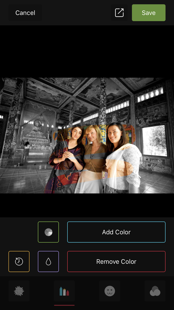 Color Accent - User interface of Color Accent app showing selective color editing on a photo of three women in a temple