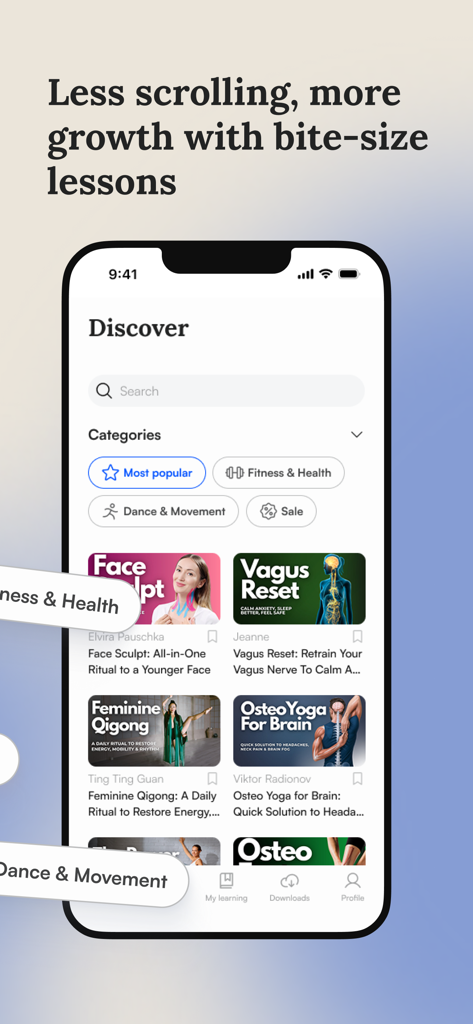 NewMindStart App-Entdeckungsbildschirm mit mundgerechten Lektionen und Wellness-Kategorien wie Fitness Gesundheit und Tanzbewegung