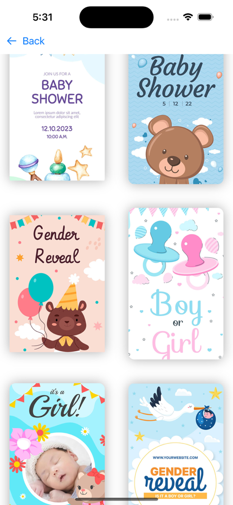 Baby shower Invitation . - Una colección de bonitas plantillas de invitaciones para baby shower y revelación de género con osos, chupetes y fotos de bebés.