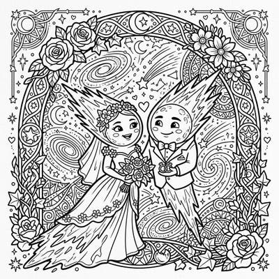 Witness a truly celestial union with this enchanting Oort Cloud Comets wedding coloring page. A charming comet bride and groom tie the knot amidst a dazzling backdrop of stars and galaxies, perfect for a romantic coloring adventure.