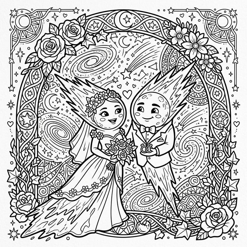 Witness a truly celestial union with this enchanting Oort Cloud Comets wedding coloring page. A charming comet bride and groom tie the knot amidst a dazzling backdrop of stars and galaxies, perfect for a romantic coloring adventure.