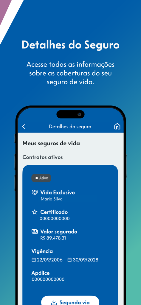 Uma tela móvel mostrando detalhes de seguro de vida e informações de contrato ativo no aplicativo Caixa Vida e Previdencia