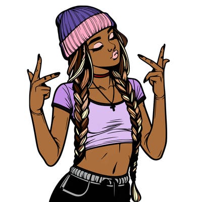 realistic teenage girl with braids and a beanie and crop top doing 🫶🏼