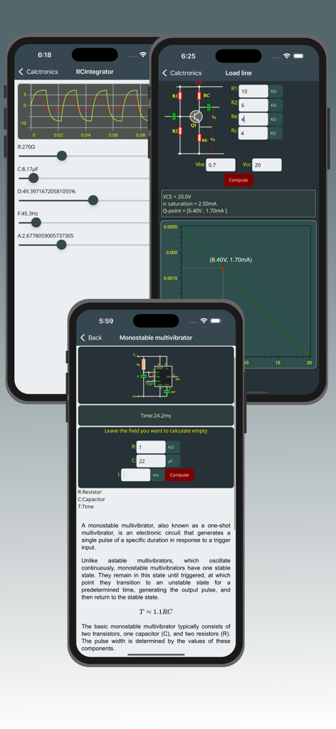 Electrocalc - electronics App - Multiple screens of the Electrocalc app featuring circuit design tools graphs and electronic component calculators