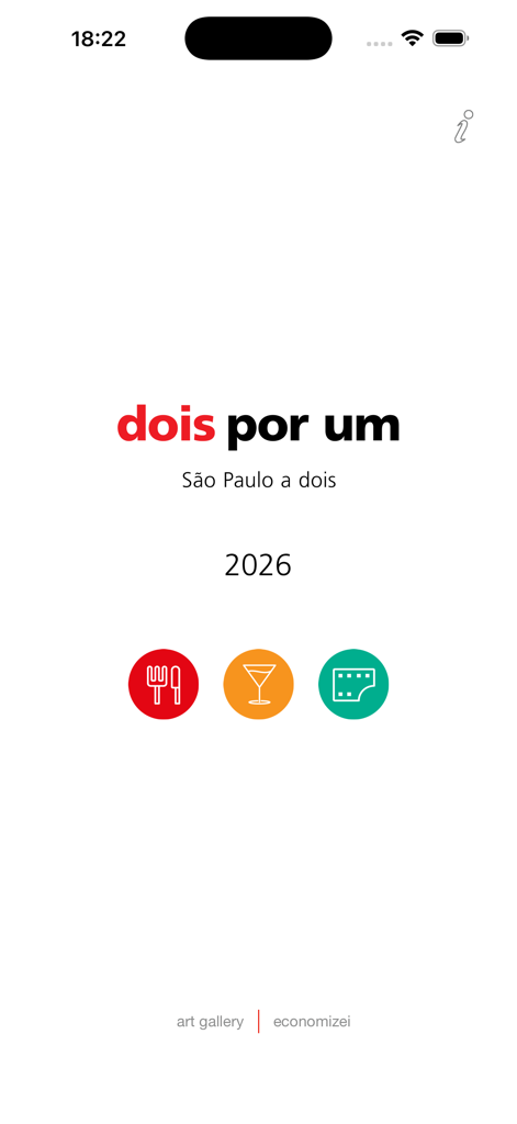 dois por um - São Paulo a dois - Dois por Um Sao Pauloアプリのホーム画面。ダイニング、ドリンク、映画のアイコンが表示されています。