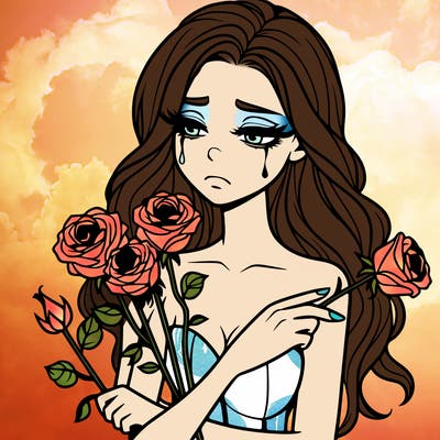 a beautiful woman who is sad while holding dead roses